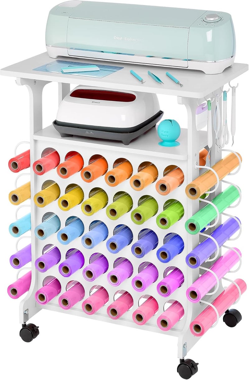 iVyne Vinyl Storage Cart 40 Vinyl Roll Holders for Cricut Organization and Storage Compatible with All Cricut Machines, Compact Craft Cart with Wheels & Tool Holders for Craft Rooms - White - Image 1